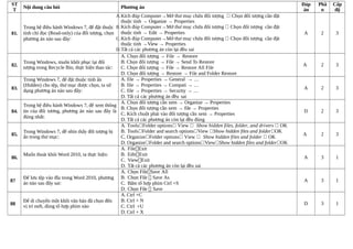 ST
T
Nội dung câu hỏi Phương án
Đáp
án
Phầ
n
Cấp
độ
81.
Trong hệ điều hành Windows 7, để đặt thuộc
tính chỉ đọc (Read-only) của đối tượng, chọn
phương án nào sau đây:
A.Kích đúp Computer→Mở thư mục chứa đối tượng  Chọn đối tượng cần đặt
thuộc tính → Organize → Properties
B.Kích đúp Computer→Mở thư mục chứa đối tượng  Chọn đối tượng cần đặt
thuộc tính → Edit → Properties
C.Kích đúp Computer→Mở thư mục chứa đối tượng  Chọn đối tượng cần đặt
thuộc tính →View → Properties
D.Tất cả các phương án còn lại đều sai
A 2 3
82.
Trong Windows, muốn khôi phục lại đối
tượng trong Recycle Bin, thực hiện thao tác:
A. Chọn đối tượng → File → Restore
B. Chọn đối tượng → File → Send To Restore
C. Chọn đối tượng → File → Restore All File
D. Chọn đối tượng → Restore → File and Folder Restore
A 2 3
83.
Trong Windows 7, để đặt thuộc tính ẩn
(Hidden) cho tệp, thư mục được chọn, ta sử
dụng phương án nào sau đây:
A. file → Properties → General → …
B. file → Properties → Compati → …
C. file → Properties → Security → …
D. Tất cả các phương án đều sai
A 2 3
84.
Trong hệ điều hành Windows 7, để xem thông
tin của đối tương, phương án nào sau đây là
đúng nhất:
A. Chọn đối tượng cần xem → Organize → Properties
B. Chọn đối tượng cần xem → file → Properties
C. Kích chuột phải vào đối tượng cần xem → Properties
D. Tất cả các phương án còn lại đều đúng
D 2 3
85.
Trong Windows 7, để nhìn thấy đối tượng bị
ẩn trong thư mục:
A. ToolsFolder options View  Show hidden files, folder, and drivers  OK
B. ToolsFolder and search optionsView Show hidden files and folderOK
C. OrganizeFolder options View  Show hidden files and folder  OK
D. OrganizeFolder and search optionsViewShow hidden files and folderOK
A 2 3
86.
Muốn thoát khỏi Word 2010, ta thực hiện:
A. FileExit
B. EditExit
C. ViewExit
D. Tất cả các phương án còn lại đều sai
A 3 1
87
Để lưu tệp vào đĩa trong Word 2010, phương
án nào sau đây sai:
A. Chọn FileSave All
B. Chọn File  Save As
C. Bấm tô hợp phím Ctrl +S
D. Chọn File  Save
A 3 1
88
Để di chuyển một khối văn bản đã chọn đến
vị trí mới, dùng tô hợp phím nào
A. Ctrl +C
B. Ctrl + N
C. Ctrl +U
D. Ctrl + X
D 3 1
 