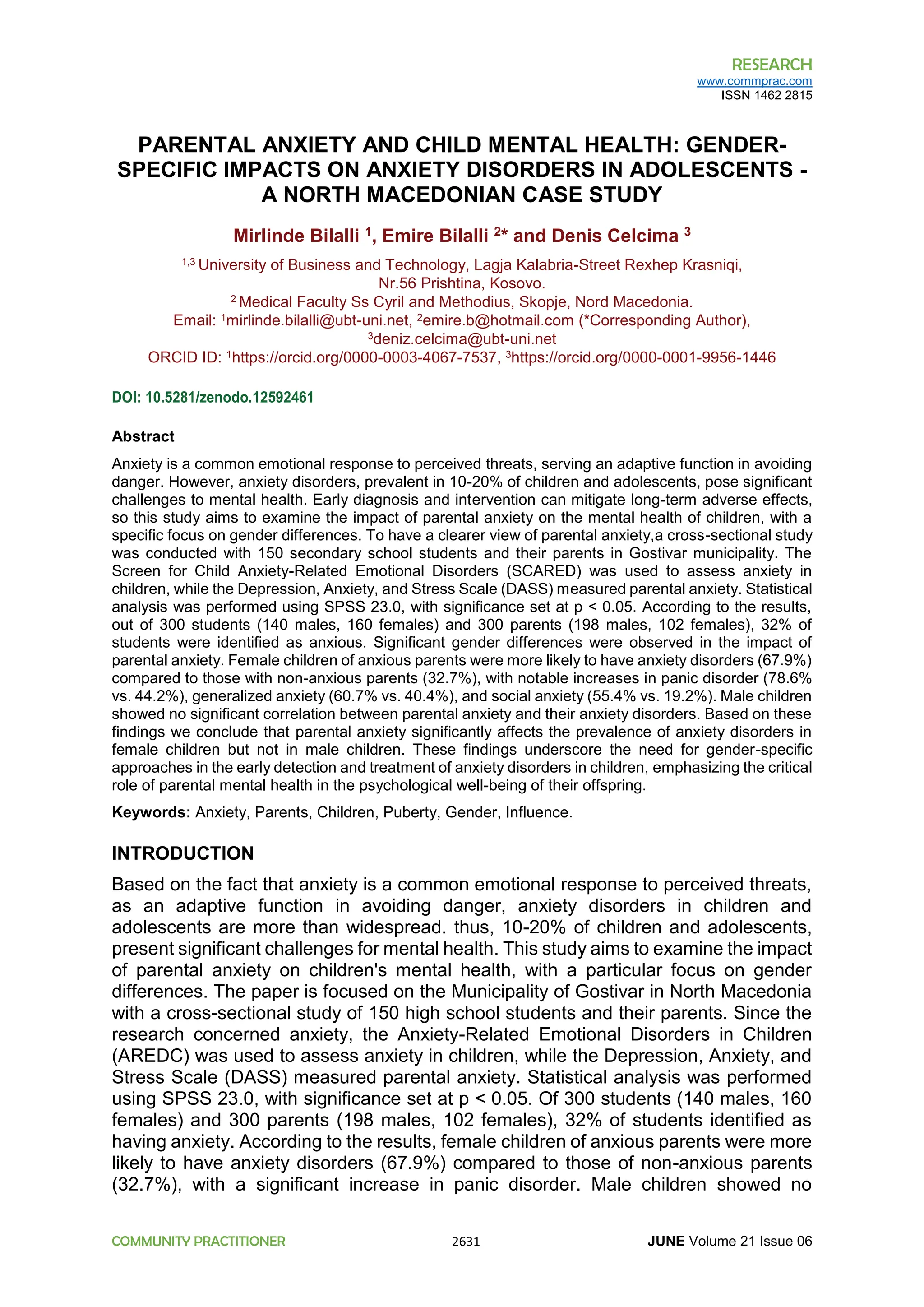 PARENTAL ANXIETY AND CHILD MENTAL HEALTH: GENDER- SPECIFIC IMPACTS ON ...