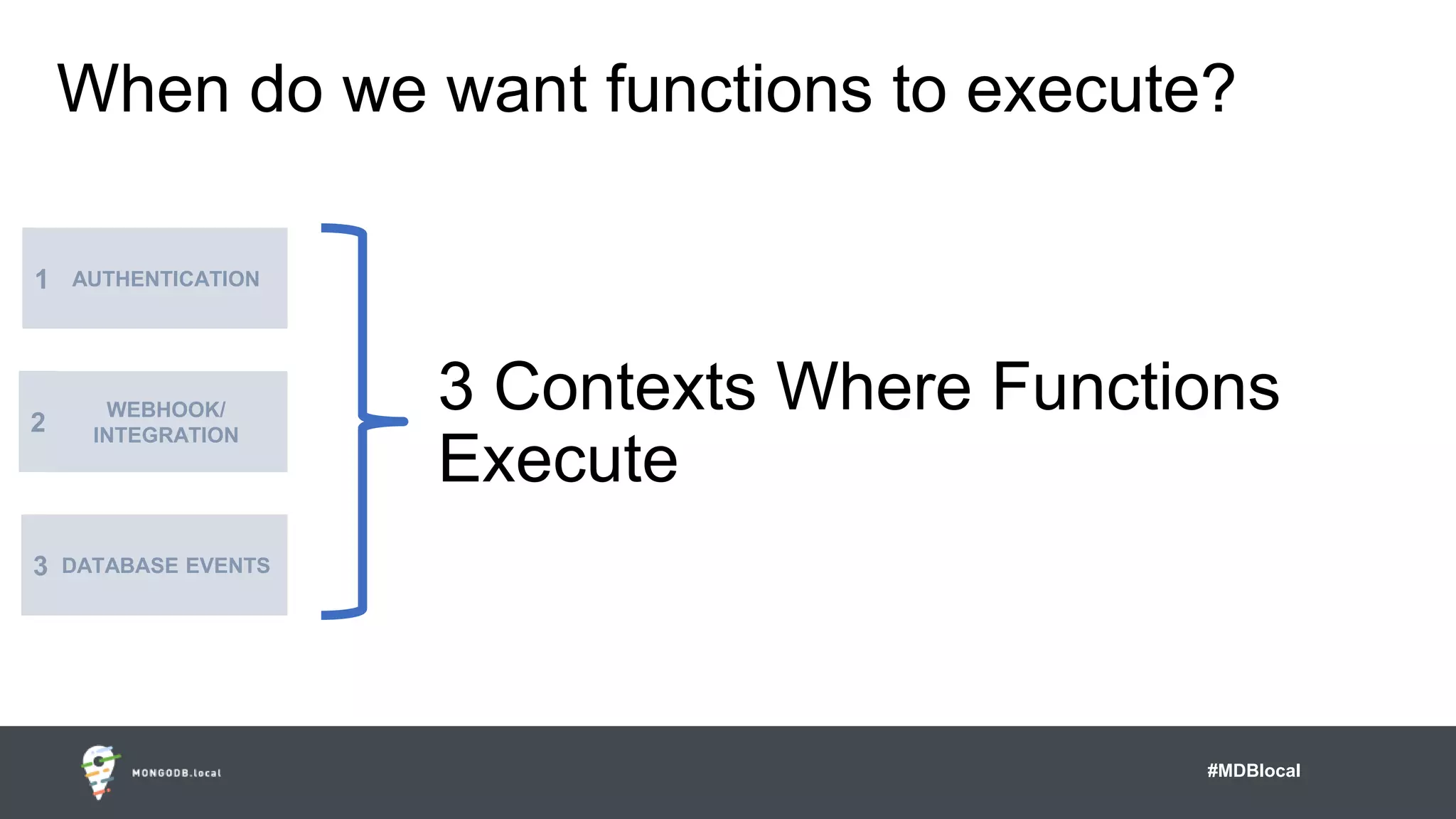 #MDBlocal
When do we want functions to execute?
AUTHENTICATION
WEBHOOK/
INTEGRATION
DATABASE EVENTS
3 Contexts Where Functions
Execute
1
2
3
 