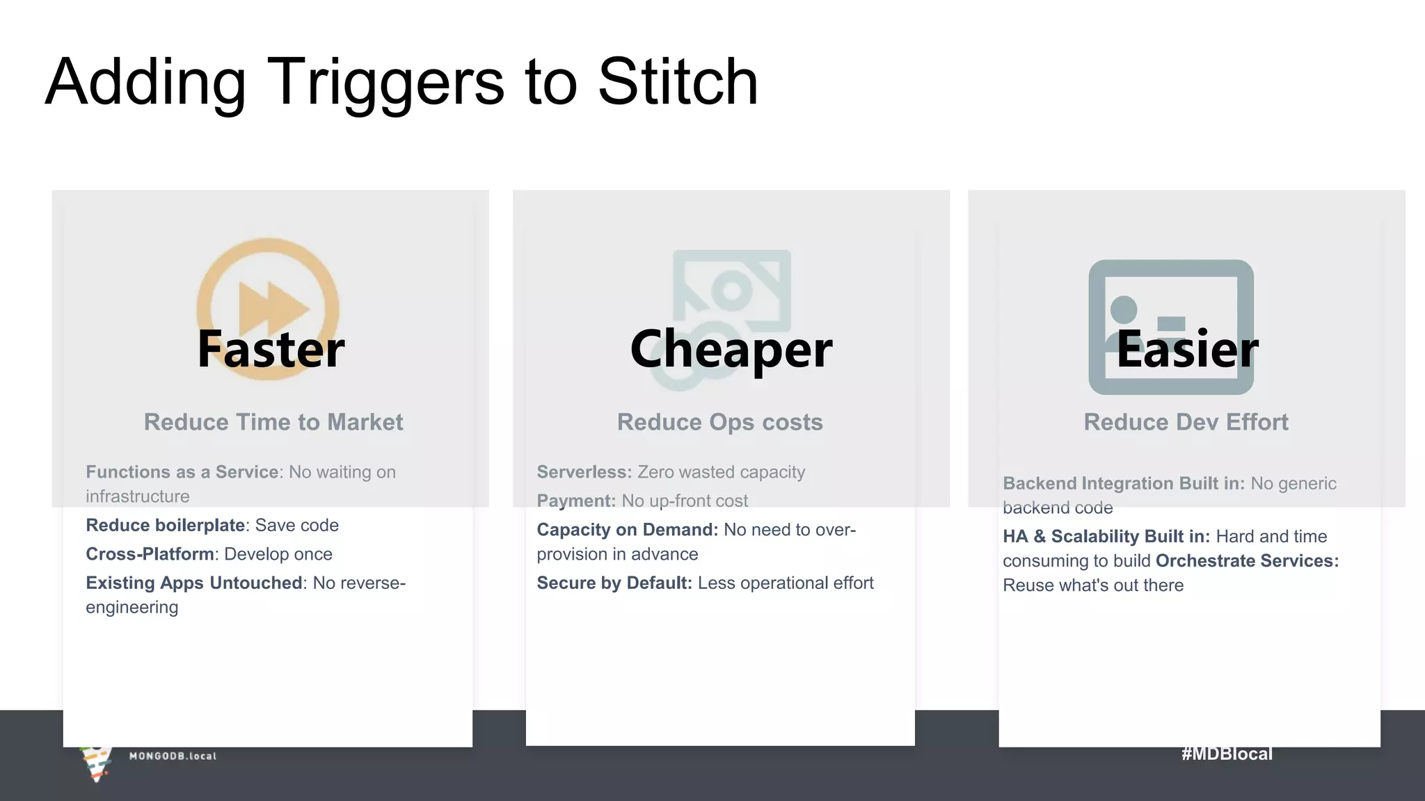 #MDBlocal
Adding Triggers to Stitch
Reduce Time to Market
Functions as a Service: No waiting on
infrastructure
Reduce boilerplate: Save code
Cross-Platform: Develop once
Existing Apps Untouched: No reverse-
engineering
Reduce Ops costs
Serverless: Zero wasted capacity
Payment: No up-front cost
Capacity on Demand: No need to over-
provision in advance
Secure by Default: Less operational effort
Reduce Dev Effort
Backend Integration Built in: No generic
backend code
HA & Scalability Built in: Hard and time
consuming to build Orchestrate Services:
Reuse what's out there
Faster Cheaper Easier
 