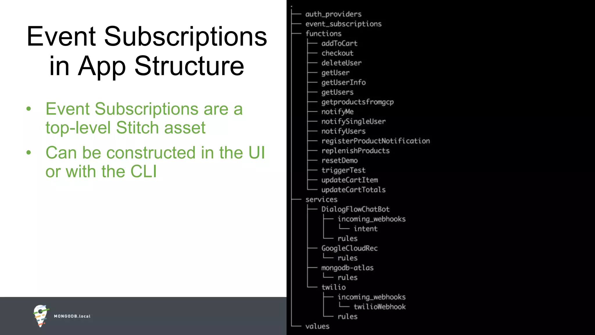 #MDBlocal
Event Subscriptions
in App Structure
• Event Subscriptions are a
top-level Stitch asset
• Can be constructed in the UI
or with the CLI
 