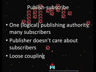 • One (logical) publishing authority,
many subscribers
• Publisher doesn’t care about
subscribers
• Loose coupling
Publish-subscribe
http://www.mdscc.nasa.gov/upload/201301/andromeda.jpg
 