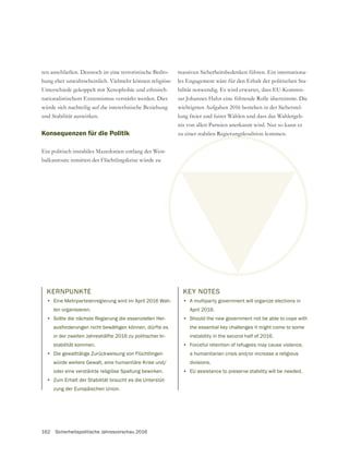 162 Sicherheitspolitische Jahresvorschau 2016
KERNPUNKTE
• Eine Mehrparteienregierung wird im April 2016 Wah-
len organisieren.
• Sollte die nächste Regierung die essenziellen Her-
ausforderungen nicht bewältigen können, dürfte es
in der zweiten Jahreshälfte 2016 zu politischer In-
stabilität kommen.
• Die gewalttätige Zurückweisung von Flüchtlingen
würde weitere Gewalt, eine humanitäre Krise und/
oder eine verstärkte religiöse Spaltung bewirken.
• Zum Erhalt der Stabilität braucht es die Unterstüt-
zung der Europäischen Union.
ten anschließen. Dennoch ist eine terroristische Bedro-
hung eher unwahrscheinlich. Vielmehr können religiöse
Unterschiede gekoppelt mit Xenophobie und ethnisch-
nationalistischem Extremismus verstärkt werden. Dies
würde sich nachteilig auf die interethnische Beziehung
und Stabilität auswirken.
Konsequenzen für die Politik
Ein politisch instabiles Mazedonien entlang der West-
balkanroute inmitten der Flüchtlingskrise würde zu
massiven Sicherheitsbedenken führen. Ein internationa-
les Engagement wäre für den Erhalt der politischen Sta-
bilität notwendig. Es wird erwartet, dass EU-Kommis-
sar Johannes Hahn eine führende Rolle übernimmt. Die
wichtigsten Aufgaben 2016 bestehen in der Sicherstel-
lung freier und fairer Wahlen und dass das Wahlergeb-
nis von allen Parteien anerkannt wird. Nur so kann es
zu einer stabilen Regierungskoalition kommen.
KEY NOTES
• A multiparty government will organize elections in
April 2016.
• Should the new government not be able to cope with
the essential key challenges it might come to some
instability in the second half of 2016.
• Forceful retention of refugees may cause violence,
a humanitarian crisis and/or increase a religious
divisions.
• EU assistance to preserve stability will be needed.
 