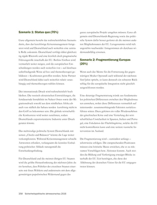 258 Sicherheitspolitische Jahresvorschau 2016
Szenario 1: Status quo (70%)
darin, dass das kurzfristige Krisenmanagement fortge-
setzt wird und Deutschland auch weiterhin eine zentra-
le Rolle zukommt. Deutschland verfolgt dabei gleichzei-
tig rigide Rhetorik und eine letztlich doch pragmatische
vermutlich weiter steigen, und die europäischen Ent-
scheidungen werden auch weiterhin von – auf durchaus
unbefriedigende Weise ad hoc und themenbezogen ge-
bildeten – Koalitionen getroffen werden. Seine Partner
wird Deutschland dabei auch weiterhin relativ unan-
hängig und themenbezogen wählen können.
Der internationale Druck wird wahrscheinlich hoch
bleiben. Die russisch-ukrainischen Entwicklungen, die
fortdauernde Instabilität im Nahen Osten sowie der Mi-
grationsdruck sowohl aus dem nördlichen Afrika als
auch von südlich der Sahara werden kurzfristig nicht in
-
che Konkurrenz wird weiter zunehmen, sodass
Deutschlands exportorientierte Industrie unter Druck
geraten könnte.
seinen „Checks and Balances“ könnte die Lage weiter
verkomplizieren. Während Krisenmanagement schnelle
Antworten erfordert, verlangsamt die korrekte Einhal-
tung politischer Abläufe naturgemäß die
Für Deutschland und die meisten übrigen EU-Staaten
wird die größte Herausforderung der nächsten Jahre da-
rin bestehen, dass Politiker der einzelnen Staaten einer-
seits mit ihren Wählern und andererseits mit dem allge-
genwärtigen populistischen Widerstand gegen das
-
gemein sind Deutschlands Regierung sowie das politi-
sche System dafür besser gerüstet als die meisten ande-
ren Mitgliedsstaaten der EU. Letzgenanntes wird sich
angesichts wachsender Antagonismen als durchaus wi-
derstandsfähig erweisen.
Szenario 2: Fragmentierung Europas
(20%)
Wenn auch das Meiste für die Fortsetzung des gegen-
wärtigen Modus Operandi auch während der nächsten
fünf Jahre spricht, so kann dennoch ein schwerer Rück-
schlag für die europäische Integration nicht gänzlich
ausgeschlossen werden.
Eine derartige Fragmentierung würde aus fundamenta-
len politischen Differenzen zwischen den Mitgliedsstaa-
ten entstehen, wobei diese Differenzen vermutlich auf
miteinander zusammenhängende Faktoren zurückzu-
der griechischen Krise und eine Vertiefung der wirt-
schaftlichen Unsicherheit in Spanien, Italien und Portu-
gal, eine Eskalation der Flüchtlingskrise, welche die EU
nicht kontrollieren kann und eine weitere russische In-
tervention im Ausland.
Die Fragmentierung wird – zumindest anfangs –
schrittweise erfolgen. Die entsprechenden Positionen
müssen eine kritische Masse erreichen, ehe es zu rele-
vanten Vorschlägen bzw. Aktionen kommt. Auch wer-
den die Bildung und Verfestigung etwaiger Blöcke in-
nerhalb der EU Zeit benötigen, ehe diese der
Ablehnung der deutschen Vision für die EU entgegen-
treten können.
 