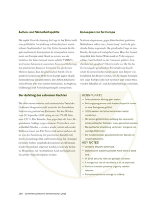 280 Sicherheitspolitische Jahresvorschau 2016
KERNPUNKTE
• Griechenlands Abstieg geht weiter.
• Rettungsprogramme und Austeritätspolitik haben
in eine Sackgasse geführt.
• 2016 werden die Sicherheitsrisiken weiter
zunehmen.
• Mit einem gefährlichen Aufstieg der neonazisti-
scher politischer Parteien muss gerechnet werden.
• Die politische Unordnung verhindert dringend not-
wendige Reformen.
• Ein fundamentaler gesellschaftlicher Wandel ist
unwahrscheinlich.
Außen- und Sicherheitspolitik
Die rapide Verschlechterung der Lage in der Türkei stellt
telbarer Nachbarschaft dar. Die Türkei benutzt die ille-
gale muslimische Immigration als strategisches Instru-
ment, um Europa unter Druck zu setzen, was die
wird seinen bekannten lauwarmen Ansatz zur Sicherung
Hinweis darauf, dass die griechischen Streitkräfte ir-
gendeine bedeutsame Rolle beim Kampf gegen illegale
Einwanderung spielen könnten. Die Arbeit der griechi-
schen Polizei wird von inneren Schwächen, Korruption,
Der Aufstieg der extremen Rechten
Die offen neonazistische und antisemitische Partei der
Fraktion im griechischen Parlament. Bei den Wahlen
vom 20. September 2015 errang sie mit 379.581 Stim-
men 6,99 %. Die Tatsache, dass gegen fast alle ihrer Ab-
geordneten Anklage wegen schwerer Verbrechen – ein-
schließlich Mordes – erhoben wurde, wirkte sich an der
Wahlurne kaum aus. Die Partei wird weiter wachsen, da
ne Morgenröte zur zweitstärksten Kraft aufsteigen und
die größte Oppositionspartei werden.
Konsequenzen für Europa
Maßnahmen haben eine „Ansteckung“ durch die grie-
chische Krise abgewandt. Die griechische Frage ist eine
Bombe, die jederzeit hochgehen kann. Dass der Austeri-
tätspolitik kein breiter Widerstand im Volk entgegen-
chenland sei „gezähmt“. Dem ist nicht so. Die für die
schaft Verantwortlichen haben damit dem Import von
Instabilität den Boden bereitet, wie die illegale Immigra-
tion zeigt. Europa sollte sich besinnen und seinen Blick
von den Schulden ab- und der Sicherheitslage zuwenden.
KEY NOTES
• Greece‘s descent continues.
• Bailouts and austerity policies have led to a dead
end.
• In 2016 security risks are going to increase.
• A dangerous rise of neo-Nazis is to be expected.
• Political disorder prevents urgently needed
reforms.
• Fundamental social change is unlikely.
nsatz zur Sicherung
e griechi
me Roll
spielen
i wird
Auf
off
rak
om
men
ben
en.
t-
st
eor
chli
ahl
enröt
Oppo
chenland sei „gezähm
aben dam
wie die
n und
slage
to a
o incr
s is to
nts urge
damental socia
KERNPUNKTE
• Griechenlands Abstieg geht weiter.
• Rettungsprogramme und Austerität
in eine Sackgasse geführt.
• 2016 werden die Sicherheitsris
zunehmen.
• Mit einem gefährlichen Auf
scher politischer Parteie
• Die politische Unordnu
wendige Reformen.
• Ein fundamentale
unwahrscheinlic
eg der extremen Rechten
istische und antisemitische Partei der
hen Parlament. Bei den Wahlen
5 errang sie mit 379.581 Stim-
dass gegen fast alle ihrer Ab-
chwerer Verbrechen – ein-
wurde, wirkte sich an der
wird weiter wachsen, da
steigen und
KEY NOTES
• Greece‘s de
• Bailouts a
end.
• In 20
• A d
•
 