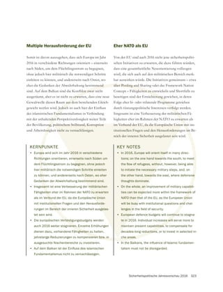 Sicherheitspolitische Jahresvorschau 2016 323
KERNPUNKTE
• Europa wird sich im Jahr 2016 in verschiedene
Richtungen orientieren, einerseits nach Süden um
dem Flüchtlingsstrom zu begegnen, ohne jedoch
hier militärisch die notwendigen Schritte einleiten
zu können, und andererseits nach Osten, wo eher
Gedanken der Abwehrhaltung bestimmend sind.
• Insgesamt ist eine Verbesserung der militärischen
Fähigkeiten eher im Rahmen der NATO zu erwarten
als im Verbund der EU, da die Europäische Union
mit institutionellen Fragen und den Herausforde-
rungen im Bereich der inneren Sicherheit ausgelas-
tet sein wird.
• Die europäischen Verteidigungsbudgets werden
auch 2016 weiter stagnieren. Einzelne Erhöhungen
dienen dazu, vorhandene Fähigkeiten zu halten,
jahrelange Reduzierungen zu kompensieren bzw. in
ausgesuchte Nischenbereiche zu investieren.
•
Fundamentalismus nicht zu vernachlässigen.
Multiple Herausforderung der EU
Somit ist davon auszugehen, dass sich Europa im Jahr
2016 in verschiedene Richtungen orientiert – einerseits
nach Süden, um dem Flüchtlingsstrom zu begegnen,
ohne jedoch hier militärisch die notwendigen Schritte
einleiten zu können, und andererseits nach Osten, wo
ausgeräumt, aber es ist nicht zu erwarten, dass eine neue
des islamistischen Fundamentalismus in Verbindung
mit der anhaltenden Perspektivenlosigkeit weiter Teile
der Bevölkerung, politischem Stillstand, Korruption
und Arbeitslosigkeit nicht zu vernachlässigen.
Eher NATO als EU
Von der EU sind auch 2016 nicht jene sicherheitspoliti-
schen Initiativen zu erwarten, die dazu führen würden,
dass eine gesamtheitliche Neuorientierung vollzogen
wird, die sich auch auf den militärischen Bereich merk-
bar auswirken würde. Die Initiativen gemeinsam – etwa
über Pooling and Sharing oder das Framework Nation
Concept – Fähigkeiten zu entwickeln und Shortfalls zu
beseitigen sind der Ernüchterung gewichen, in deren
Folge eher bi- oder trilaterale Programme getrieben
durch rüstungspolitische Interessen verfolgt werden.
Insgesamt ist eine Verbesserung der militärischen Fä-
higkeiten eher im Rahmen der NATO zu erwarten als
im Verbund der EU, da die Europäische Union mit ins-
titutionellen Fragen und den Herausforderungen im Be-
reich der inneren Sicherheit ausgelastet sein wird.
KEY NOTES
• In 2016, Europe will orient itself in many direc-
tions; on the one hand towards the south, to meet
to initiate the necessary military steps, and, on
the other hand, towards the east, where defensive
thoughts dominate.
• On the whole, an improvement of military capabili-
ties can be expected more within the framework of
NATO than that of the EU, as the European Union
will be busy with institutional questions and chal-
• European defence budgets will continue to stagna-
te in 2016. Individual increases will serve more to
maintain present capabilities, to compensate for
decades-long reductions, or to invest in selected ni-
che areas.
•
talism must not be disregarded.
NP
opa
htu
m F
r m
ön
ank
sam
eite
rbu
ione
reich
erteidi
eren. E
gkeiten zu
sieren bzw. in
u erwart
Fund
den
ng, p
osig
über Pooling and Sh
keiten zu en
hterung g
ogramm
verfolg
tärisc
wart
n mi
im
t
ve
abili
work
Uni
and
ntinu
es wil
ilities, t
eductions
che areas.
r 2016 in verschiedene
nerseits nach Süden um
gegnen, ohne jedoch
en Schritte einleiten
ch Osten, wo eher
immend sind.
militärischen
zu erwarten
e Union
forde-
gelas-
politischem Stillstand, Korruption
t nicht zu vernachlässigen.
im Verbund der EU, da die Europäische Union
titutionellen Fragen und den Herausforderun
reich der inneren Sicherheit ausgelastet sein
KEY NOTES
• In 2016, Europe will orient itsel
tions; on the one hand toward
to initiate the necessary
the other hand, toward
thoughts dominate.
• On the whole, an im
ties can be expe
NATO than tha
will be busy
• Europea
te in
ma
d
 