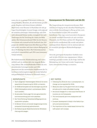 372 Sicherheitspolitische Jahresvorschau 2016
KERNPUNKTE
• Nach steigender Arbeitslosigkeit 2014/15 ist keine
wesentliche Entspannung für 2016 zu erwarten.
• Ein Maßnahmenpaket der Bundesregierung soll ab
2016 Arbeitsplätze sichern und leistbaren Wohn-
raum schaffen.
• Strukturellen Änderungen für eine gerechtere Ein-
kommensverteilung sind nicht absehbar.
• Der Trend Richtung Teilzeitbeschäftigung wird vor-
aussichtlich anhalten.
• Im Bereich Armut und soziale Ausgrenzung ist eine
konstante Entwicklung wahrscheinlich.
• Die Bedeutung der Bedarfsorientierten Mindestsi-
cherung wird steigen.
sonen, die ein zu geringes Einkommen erzielen (Ar-
mutsgefährdete), Menschen, die sich bestimmte grundle-
gende Ausgaben nicht leisten können (erheblich
Deprivierte) sowie Personen in Haushalten mit sehr ge-
der weiterhin schwierigen Arbeitsmarktlage auch 2016
nicht substanziell kleiner werden, wenngleich hier auch
Änderungen bei der Verteilung der Arbeit eine Rolle
spielen. Der lohnsteuersenkende Effekt bei der Steuerre-
form könnte sich eventuell auf die Kaufkraft einer Teil-
gruppe der erheblich deprivierten Bevölkerung in Öster-
reich positiv auswirken und einen weiteren Rückgang bei
dieser Problemlage bewirken. Die Einkommensarmut
wird jedoch voraussichtlich auch 2016 einen konstanten
Verlauf nehmen.
Die bedarfsorientierte Mindestsicherung wird voraus-
sichtlich auch im nächsten Jahr eine steigende Bedeu-
tung erfahren. Die armutsabfedernden Effekte der min-
destsichernden Leistungen werden auch 2016
gemeinsam mit den automatischen Stabilisatoren der Ar-
beitslosenversicherungsleistungen die soziale Sicherheit
und gesellschaftliche Kohäsion in Österreich stützen.
Konsequenzen für Österreich und die EU
Die Ausgestaltung der integrationswirksamen Maß-
nahmen im Umgang mit der aktuellen Flüchtlingssitu-
ation wird die Entwicklungen in Bezug auf den sozia-
len Zusammenhalt im Jahr 2016 wesentlich
on sowohl innerhalb Österreichs als auch zwischen
Österreich, der EU-Ebene und den EU-Mitgliedsstaa-
ten ist hierfür entscheidend. Die soziale und arbeits-
ne wesentlich günstigeren Rahmenbedingungen
bieten.
Trotz des günstigeren Konjunktur-Ausblicks muss
auch im Jahr 2016 mit einer angespannten Arbeits-
marktlage gerechnet werden. In der Folge sind bei der
Bekämpfung von Armut und sozialer Ausgrenzung
keine substanziellen Erfolge zu erwarten.
u geringes Einkommen erzielen (Ar-
ährdete), Menschen, die sich bestimmte grundle-
de Aus
Depr
d
geme
slosen
ellschaftliche Kohäsion in Österreich stützen.
Die A
men im
rd di
men
rha
EU-
ch
tig
ere
6 m
hn
von
anzi
nicht substanziell kleiner werden, wenngleich hier auch
Änderungen bei der Verteilung der Arbeit eine Rolle
spielen. Der lohnsteuersenkende Effekt bei der Steuerre-
rm könnte sich eventuell auf die Kaufkraft einer Teil-
pe der erheblich deprivierten Bevölkerung in Öster-
ositiv auswirken und einen weiteren Rückgang bei
oblemlage bewirken. Die Einkommensarmut
h voraussichtlich auch 2016 einen konstanten
en.
ierte Mindestsicherung wird vorau
chsten Jahr eine steigende Be
mutsabfedernden Effekte
en werden auch 2016
atischen Stabilis
ngen die so
n in Öst
on sowohl
Österreic
ten ist
ne
b
KEY NOTES
• Following the 2014/15 rise in unemployment, no
change can be expected for 2016.
• Measures taken by the government are to safegu-
ard jobs and to create affordable housing.
• Structural changes for a more equal distribution of
incomes are not foreseeable.
• The trend towards part-time employment will
continue.
•
verty and social exclusion.
• The importance of the needs-based minimum be-
 