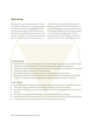382 Sicherheitspolitische Jahresvorschau 2016
KERNPUNKTE
• Gemäß der österreichischen Risikoanalyse stellen Extremwetterlagen, Hochwässer, Lawinen, Verkehrs- und In-
dustrieunfälle, Versorgungsausfälle und Pandemien für Österreich das größte Risikopotential dar.
• Die genannten Risiken werden sich irgendwo in Österreich im kleinräumigen Bereich realisieren und nur im Ein-
zelfall als überregionale Katastrophe in Erscheinung treten.
• Das Schadensausmaß einer Katastrophe wird in den wenigsten Fällen ganzheitlich erfasst.
• Der Eigenvorsorge kommt besondere Bedeutung zu; jeder Haushalt und jeder Gewerbebetrieb sollte für sich
autonom in der Lage sein, die Eigenversorgung für drei Tage bis eine Woche sicherstellen zu können.
Eigenvorsorge
Der Eigenvorsorge kommt angesichts dieser Szenarien
scher Versorgungsausfälle – besondere Bedeutung zu.
autonom in der Lage sein, die Eigenversorgung für drei
Tage bis eine Woche sicherstellen zu können: ausrei-
chende Wasservorräte, lagerfähige Nahrungsmittel,
Heizmaterial, Medikation, Treibstoff/Energie für nöti-
ge Transportbewegungen, autonome Kommunikations-
und Empfangsmöglichkeiten, allenfalls nötiger Energie-
vorrat zur Erhaltung wichtiger Systeme und auch
Tiernahrung. Eine derartige Vorsorge entspricht dem
modernen Ansatz im Zivil- und Bevölkerungsschutz.
KEY NOTES
•
dents, power outages, as well as pandemics represent the highest risk potentials for Austria.
• These risks will mostly occur on a small scale somewhere in Austria, national disasters might only occur in sin-
gle cases.
• The full extent of damage caused by a disaster is not holistically recorded only in few cases.
• Individual provision is of particular importance; every household and every business enterprise should be able
•
• D
De
auto
le – beson
Lage
e Wo
d I
m E
für
en.
Heizmateria
portbewegung
ichkeiten
iger Sy
rsorge
völker
NOTE
r outages, as well as pandemics represent the highest risk potentials for Austr
ostly occur on a small scale somewhere in Austria, national disaster
ed by a disaster is not holistically recorde
schen Risikoanalyse stellen Extremwetterlagen, Hochwäss
ngsausfälle und Pandemien für Österreich das größte R
rden sich irgendwo in Österreich im kleinräumigen
astrophe in Erscheinung treten.
atastrophe wird in den wenigsten Fällen g
dere Bedeutung zu; jeder Haushalt un
nversorgung für drei Tage bis eine
s represent the
somewhere
ot
 