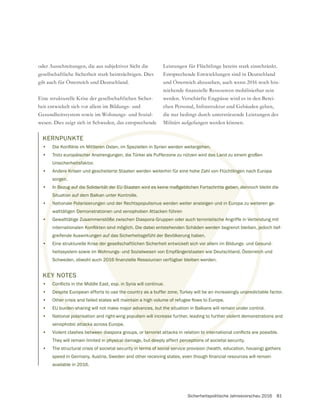 Sicherheitspolitische Jahresvorschau 2016 81
KEY NOTES
•
• Despite European efforts to use the country as a buffer zone, Turkey will be an increasingly unpredictable factor.
•
• EU burden-sharing will not make major advances, but the situation in Balkans will remain under control.
• National polarisation and right-wing populism will increase further, leading to further violent demonstrations and
xenophobic attacks across Europe.
•
They will remain limited in physical damage, but deeply affect perceptions of societal security.
• The structural crisis of societal security in terms of social service provision (health, education, housing) gathers
available in 2016.
oder Ausschreitungen, die aus subjektiver Sicht die
gesellschaftliche Sicherheit stark beinträchtigen. Dies
gilt auch für Österreich und Deutschland.
Eine strukturelle Krise der gesellschaftlichen Sicher-
heit entwickelt sich vor allem im Bildungs- und
wesen. Dies zeigt sich in Schweden, das entsprechende
Leistungen für Flüchtlinge bereits stark einschränkt.
Entsprechende Entwicklungen sind in Deutschland
und Österreich abzusehen, auch wenn 2016 noch hin-
werden. Verschärfte Engpässe wird es in den Berei-
die nur bedingt durch unterstützende Leistungen des
Militärs aufgefangen werden können.
KERNPUNKTE
•
• Trotz europäischer Anstrengungen, die Türkei als Pufferzone zu nützen wird das Land zu einem großen
Unsicherheitsfaktor.
• Andere Krisen und gescheiterte Staaten werden weiterhin für eine hohe Zahl von Flüchtlingen nach Europa
sorgen.
• In Bezug auf die Solidarität der EU-Staaten wird es keine maßgeblichen Fortschritte geben, dennoch bleibt die
Situation auf dem Balkan unter Kontrolle.
• Nationale Polarisierungen und der Rechtspopulismus werden weiter ansteigen und in Europa zu weiteren ge-
walttätigen Demonstrationen und xenophoben Attacken führen
• Gewalttätige Zusammenstöße zwischen Diaspora-Gruppen oder auch terroristische Angriffe in Verbindung mit
greifende Auswirkungen auf das Sicherheitsgefühl der Bevölkerung haben.
• Eine strukturelle Krise der gesellschaftlichen Sicherheit entwickelt sich vor allem im Bildungs- und Gesund-
heitssystem sowie im Wohnungs- und Sozialwesen von Empfängerstaaten wie Deutschland, Österreich und
 