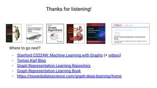 Thanks for listening!
Where to go next?
- Stanford CS224W: Machine Learning with Graphs (+ videos)
- Tomas Kipf Blog
- Graph Representation Learning Repository
- Graph Representation Learning Book
- https://towardsdatascience.com/graph-deep-learning/home
 