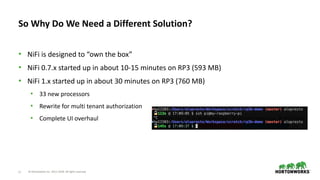 © Hortonworks Inc. 2011–2018. All rights reserved27
• NiFi is designed to “own the box”
• NiFi 0.7.x started up in about 10-15 minutes on RP3 (593 MB)
• NiFi 1.x started up in about 30 minutes on RP3 (760 MB)
• 33 new processors
• Rewrite for multi tenant authorization
• Complete UI overhaul
So Why Do We Need a Different Solution?
 
