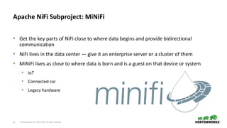 © Hortonworks Inc. 2011–2018. All rights reserved28
• Get the key parts of NiFi close to where data begins and provide bidirectional
communication
• NiFi lives in the data center — give it an enterprise server or a cluster of them
• MiNiFi lives as close to where data is born and is a guest on that device or system
• IoT
• Connected car
• Legacy hardware
Apache NiFi Subproject: MiNiFi
 