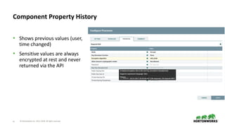 © Hortonworks Inc. 2011–2018. All rights reserved41
• Shows previous values (user,
time changed)
• Sensitive values are always
encrypted at rest and never
returned via the API
Component Property History
 