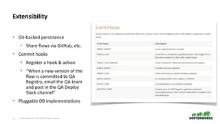 © Hortonworks Inc. 2011–2018. All rights reserved48
• Git-backed persistence
• Share flows via GitHub, etc.
• Commit hooks
• Register a hook & action
• “When a new version of the
flow is committed to QA
Registry, email the QA team
and post in the QA Deploy
Slack channel”
• Pluggable DB implementations
Extensibility
 