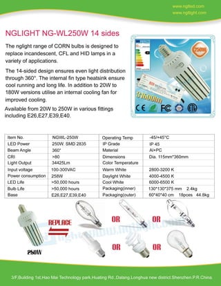 250W LED Corn Bulb Specification -www.ngtlight.com