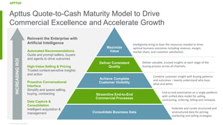 © 2018 Apttus Corporation
INCREASINGROI
Reinvent the Enterprise with
Artificial Intelligence
Automated Recommendations
Guide and prompt sellers, buyers
and agents to drive outcomes
High-Value Selling & Pricing
Trusted context-sensitive insights
and action
Proactive Conversational
Interface
Simplify and speed selling,
buying, contracting
Data Capture &
Consolidation
Intelligent acquisition &
management
End-to-end automation on a single platform
with unified data model for selling,
contracting, ordering, billing and renewals.
Federate and curate structured and
unstructured data for pricing,
marketing and selling strategies.
Maximize
Value
Deliver Consistent
Quality
Achieve Complete
Customer Visibility
Streamline End-to-End
Commercial Processes
Consolidate Business Data
Deliver valuable, trusted insights at each stage of the
buying process across all channels.
Combine customer insight with buying patterns
and outcomes – keenly understand who buys
what and when.
Intelligently bring to bear the resources needed to drive
optimal business outcomes including revenue, margin,
market share, and customer satisfaction.
Apttus Quote-to-Cash Maturity Model to Drive
Commercial Excellence and Accelerate Growth
 