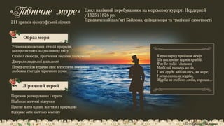 «Північне море» Цикл навіяний перебуванням на морському курорті Нордерней
у 1825 і 1826 рр.
Присвячений пам'яті Байрона, співця моря та трагічної самотності
© Адріана Химинець
211 зразків філософської лірики
Образ моря
Утілення віковічних стихій природи,
що протистоять задушливому світу
Символ свободи, прагнення людини до гармонії
Джерело людської діяльності
Перед стихією втрачає своє всеосяжне значення
любовна трагедія ліричного героя
Пережив розчарування і втрати
Підбиває життєві підсумки
Прагне жити одним життям з природою
Відчуває себе часткою всесвіту
В присмерку прийшов вечір,
Ще шаленіше шумів прибій,
Я ж бо сидів і дивився
На білий танець валів,
І мої груди здіймались, як море,
І мене охопила журба,
Журба за тобою, люба, хороша...
Ліричний герой
 
