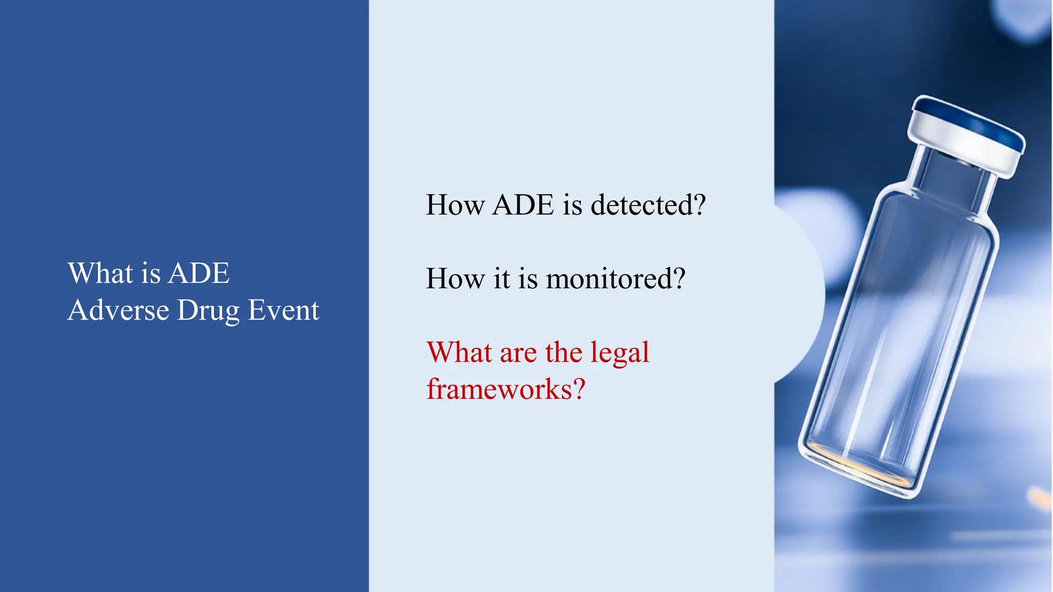 What is ADE
Adverse Drug Event
How ADE is detected?
How it is monitored?
What are the legal
frameworks?
 