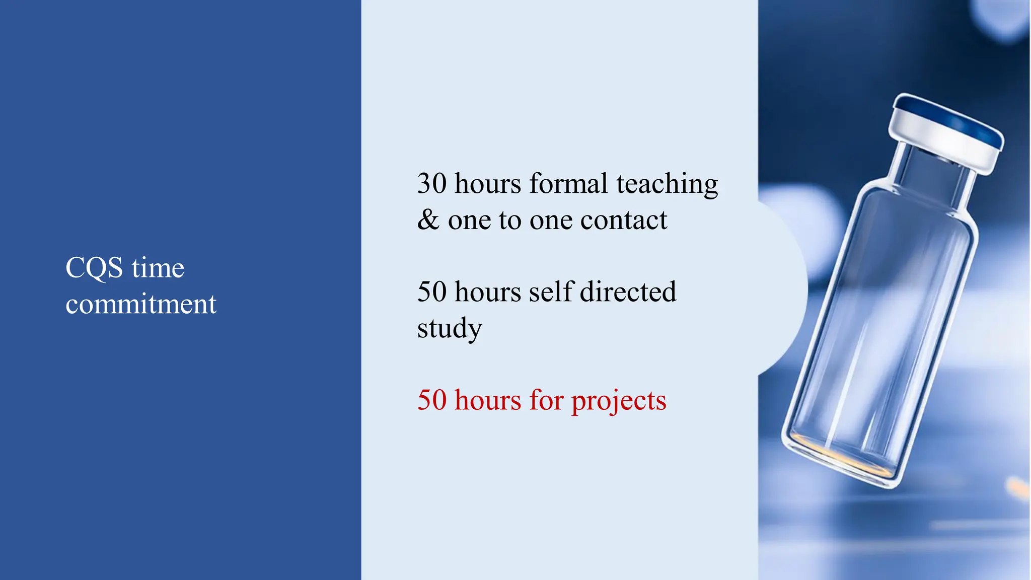 CQS time
commitment
30 hours formal teaching
& one to one contact
50 hours self directed
study
50 hours for projects
 