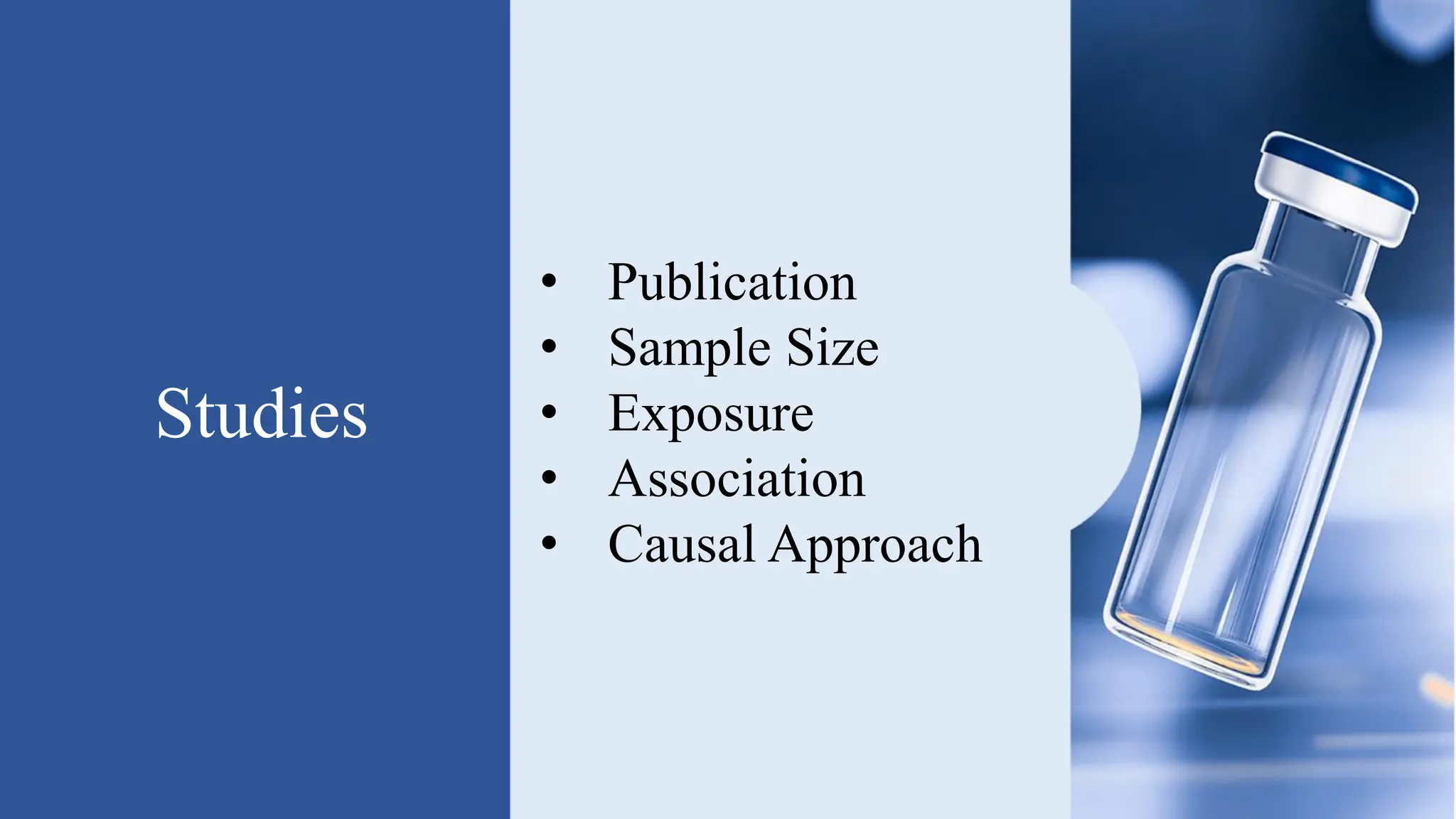 Studies
• Publication
• Sample Size
• Exposure
• Association
• Causal Approach
 