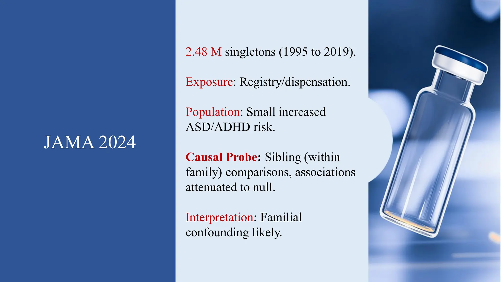 JAMA 2024
2.48 M singletons (1995 to 2019).
Exposure: Registry/dispensation.
Population: Small increased
ASD/ADHD risk.
Causal Probe: Sibling (within
family) comparisons, associations
attenuated to null.
Interpretation: Familial
confounding likely.
 