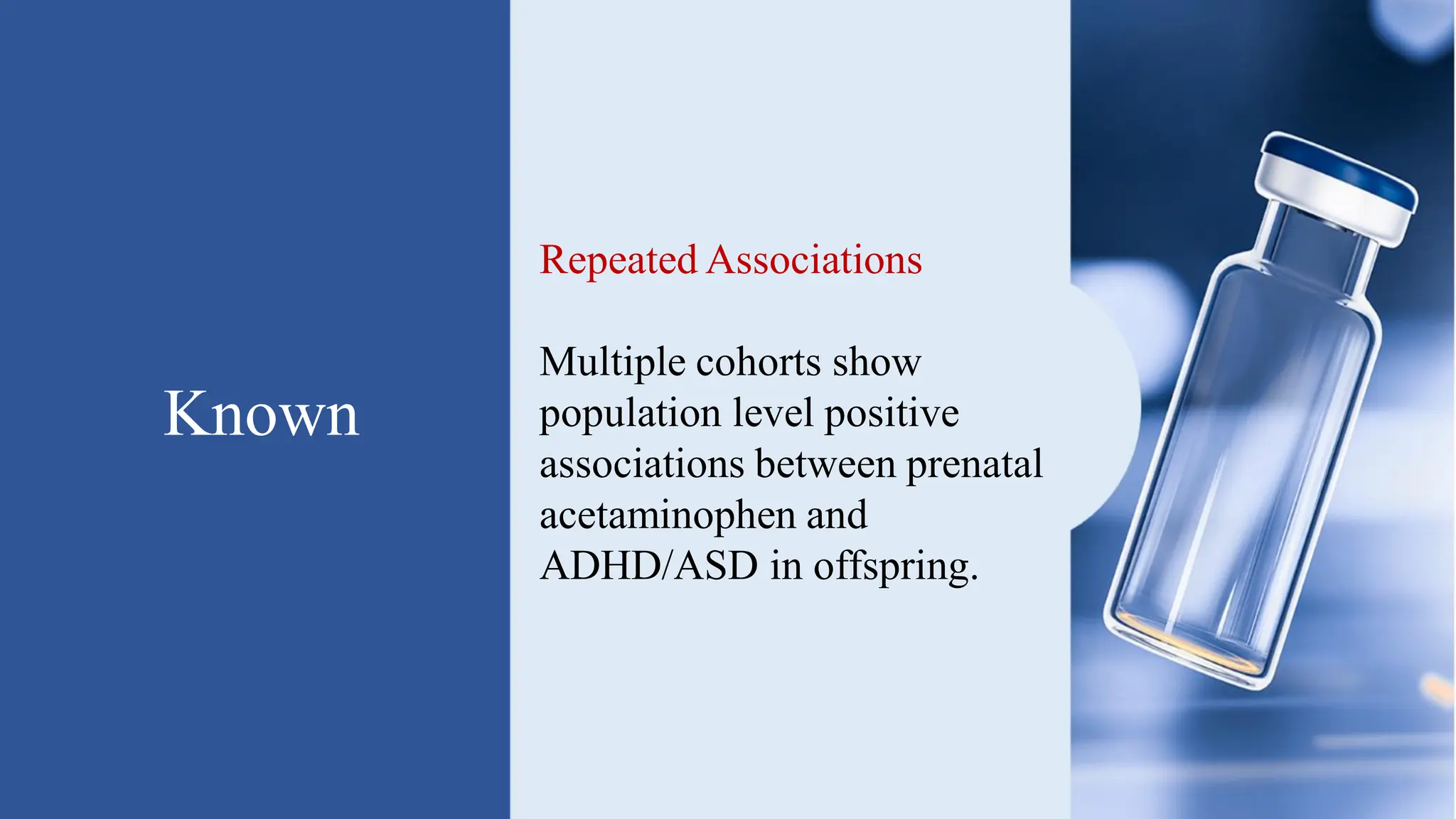 Known
Repeated Associations
Multiple cohorts show
population level positive
associations between prenatal
acetaminophen and
ADHD/ASD in offspring.
 