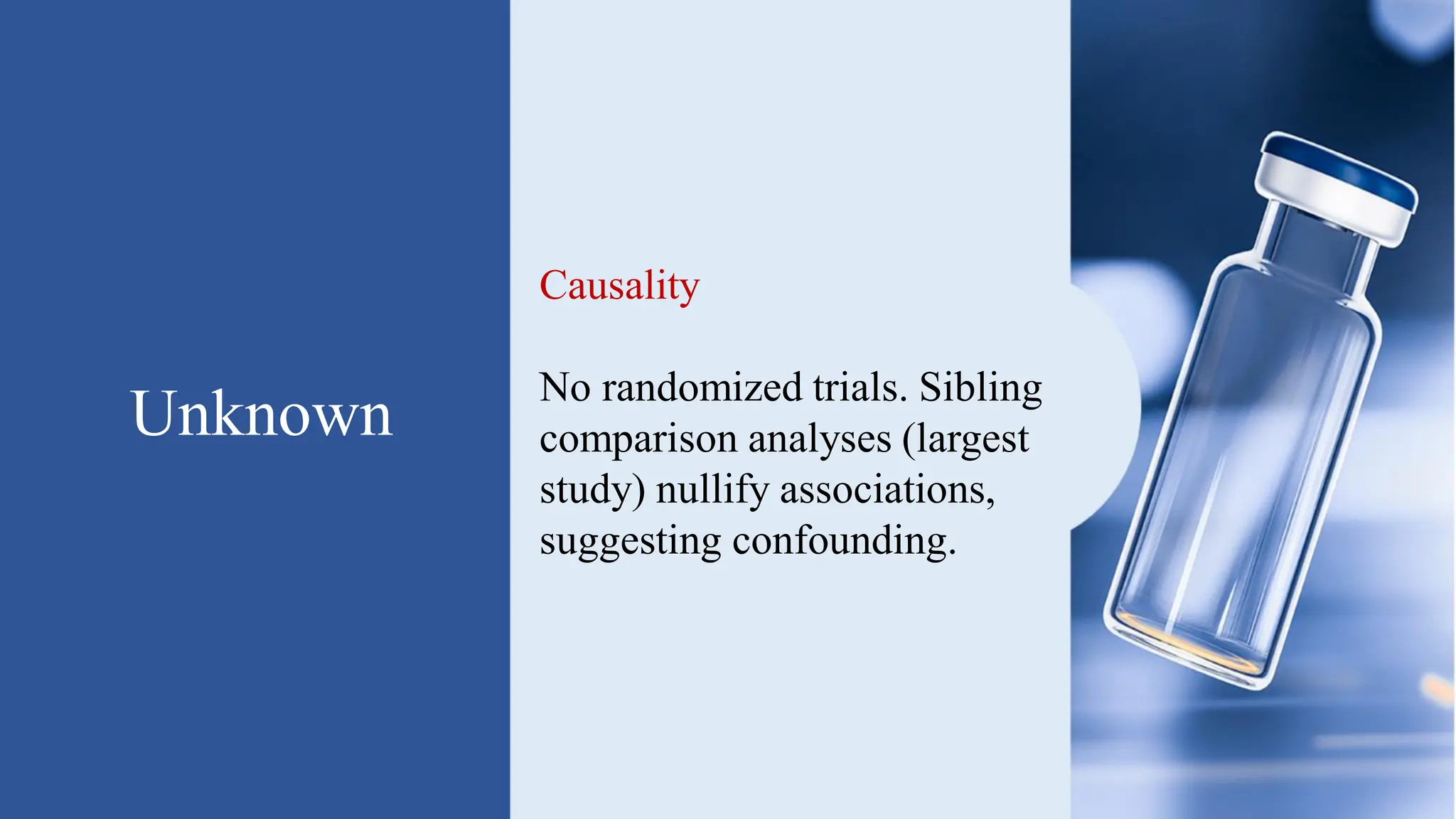 Unknown
Causality
No randomized trials. Sibling
comparison analyses (largest
study) nullify associations,
suggesting confounding.
 