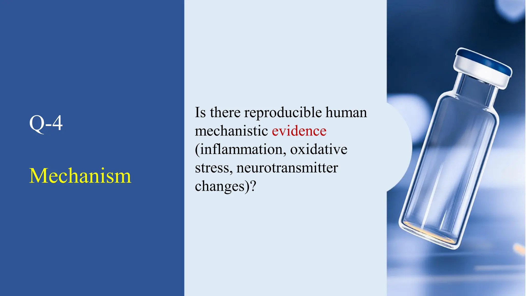 Q-4
Mechanism
Is there reproducible human
mechanistic evidence
(inflammation, oxidative
stress, neurotransmitter
changes)?
 