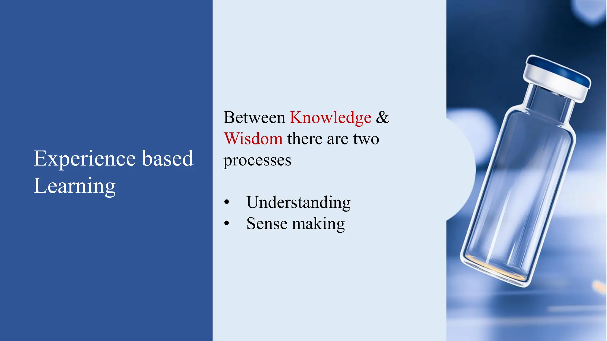 Experience based
Learning
Between Knowledge &
Wisdom there are two
processes
• Understanding
• Sense making
 