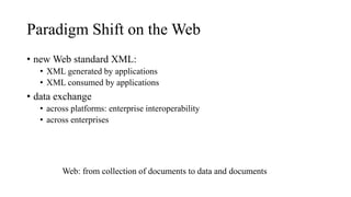 Paradigm Shift on the Web
• new Web standard XML:
• XML generated by applications
• XML consumed by applications
• data exchange
• across platforms: enterprise interoperability
• across enterprises
Web: from collection of documents to data and documents
 