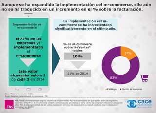 © TNS 2016
Aunque se ha expandido la implementación del m-commerce, ello aún
no se ha traducido en un incremento en el % sobre la facturación.
Implementación de
m-commerce
% de m-commerce
sobre las Ventas*
totales
10 %
El 77% de las
empresas ya
implementaron
el
m-commerce
P28.¿Tiene ya implementada alguna solución de m-commerce? Por favor seleccione las que aplican entre las siguientes
opciones: (RM)/ P31. El m-commerce (mobile commerce) ¿es un catálogo o tiene carrito de compras? Seleccione una opción
(RU)/ P31.1. ¿Qué porcentaje de las ventas totales (en términos de facturación) se realizó mediante esta modalidad (m-
commerce) en 2015?/
Este valor
alcanzaba solo a 1
de cada 3 en 2014
11% en 2014
Base: Total entrevistados (102).
Base: Quienes implementaron m-commerce (78).
La implementación del m-
commerce se ha incrementado
significativamente en el último año.
17%
83%
Catálogo Carrito de compras
 