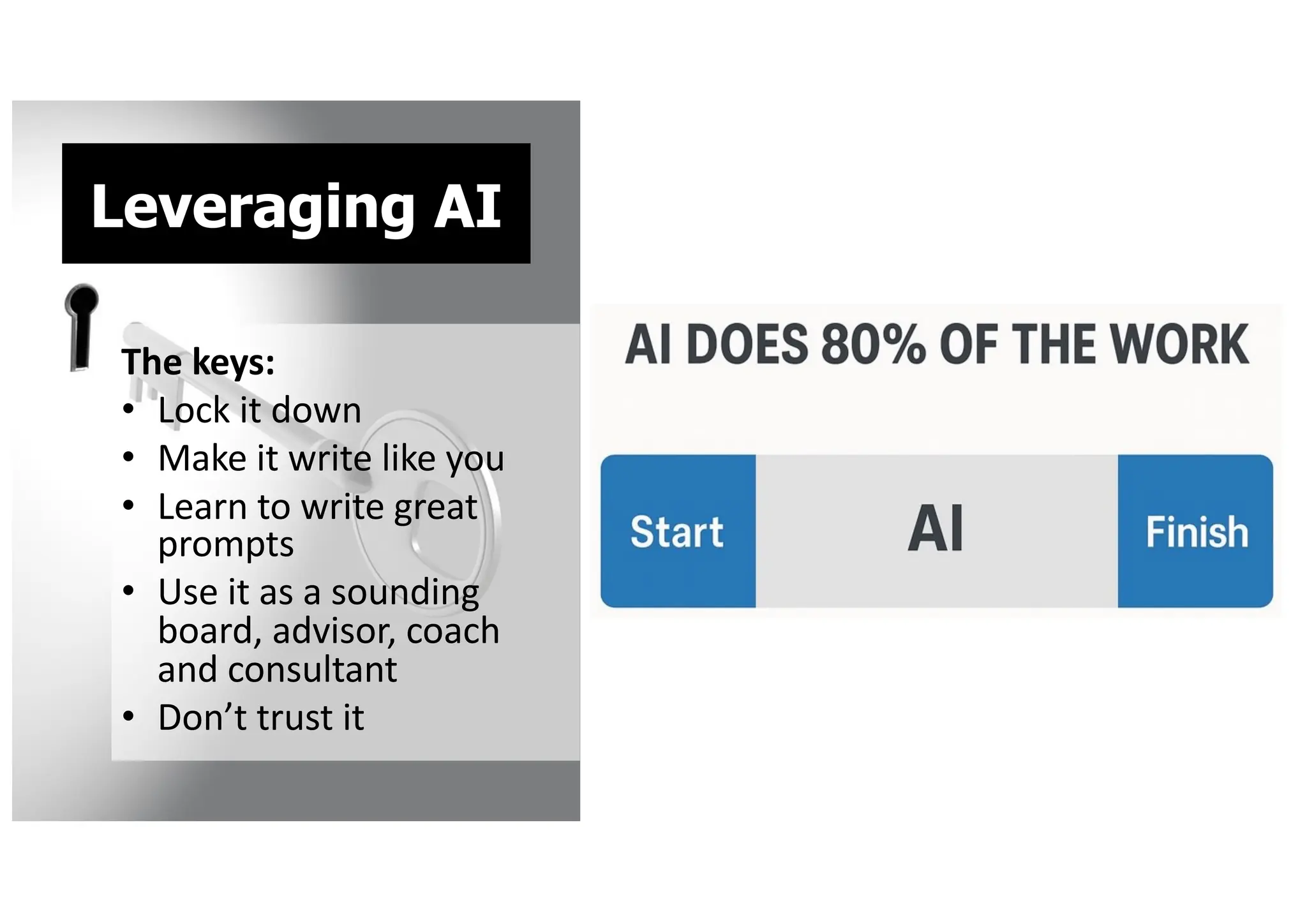 Leveraging AI
The keys:
• Lock it down
• Make it write like you
• Learn to write great
prompts
• Use it as a sounding
board, advisor, coach
and consultant
• Don’t trust it
 