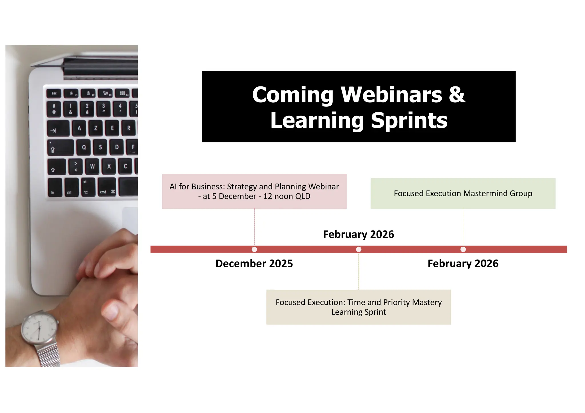 Coming Webinars &
Learning Sprints
December 2025
AI for Business: Strategy and Planning Webinar
- at 5 December - 12 noon QLD
February 2026
Focused Execution: Time and Priority Mastery
Learning Sprint
February 2026
Focused Execution Mastermind Group
 
