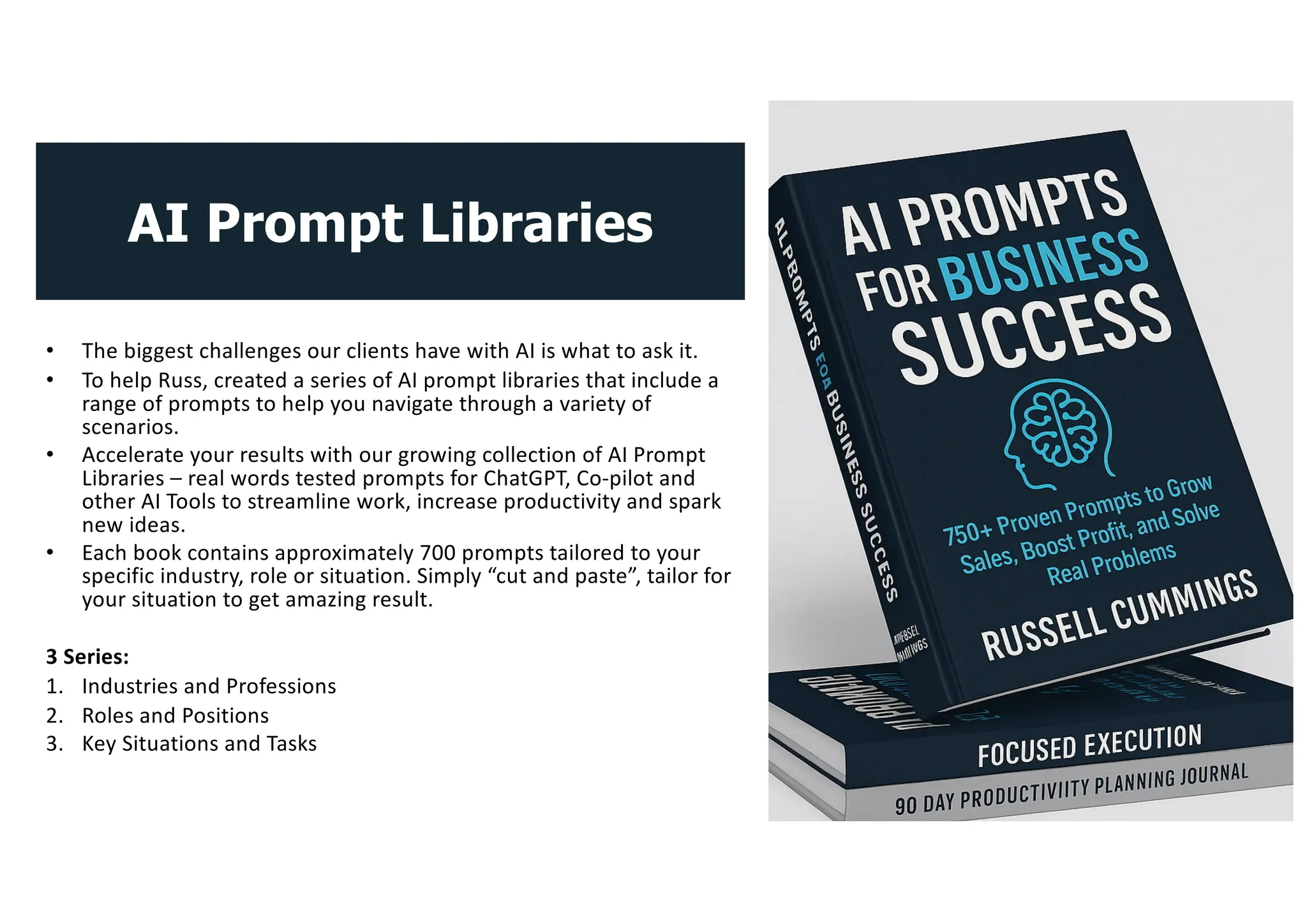 AI Prompt Libraries
• The biggest challenges our clients have with AI is what to ask it.
• To help Russ, created a series of AI prompt libraries that include a
range of prompts to help you navigate through a variety of
scenarios.
• Accelerate your results with our growing collection of AI Prompt
Libraries – real words tested prompts for ChatGPT, Co-pilot and
other AI Tools to streamline work, increase productivity and spark
new ideas.
• Each book contains approximately 700 prompts tailored to your
specific industry, role or situation. Simply “cut and paste”, tailor for
your situation to get amazing result.
3 Series:
1. Industries and Professions
2. Roles and Positions
3. Key Situations and Tasks
 