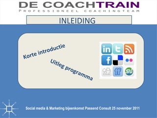 INLEIDING


          trod uctie
Korte in
              Uitl
                  eg   pro
                          gra
                              m    ma




Social media & Marketing bijeenkomst Passend Consult 25 november 2011
 