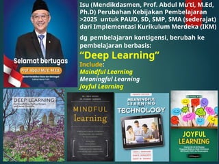 Isu (Mendikdasmen, Prof. Abdul Mu’ti, M.Ed,
Ph.D) Perubahan Kebijakan Pembelajaran
>2025 untuk PAUD, SD, SMP, SMA (sederajat)
dari Implementasi Kurikulum Merdeka (IKM)
dg pembelajaran kontigensi, berubah ke
pembelajaran berbasis:
“Deep Learning”
Include:
Maindful Learning
Meaningful Learning
Joyful Learning
 