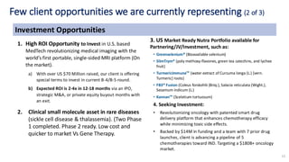 13
Few client opportunities we are currently representing (2 of 3)
Investment Opportunities
1. High ROI Opportunity to Invest in U.S. based
MedTech revolutionizing medical imaging with the
world’s first portable, single-sided MRI platform (On
the market).
a) With over US $70 Million raised, our client is offering
special terms to invest in current B-4/B-5 round.
b) Expected ROI is 2-4x in 12-18 months via an IPO,
strategic M&A, or private equity buyout months with
an exit.
2. Clinical small molecule asset in rare diseases
(sickle cell disease & thalassemia). (Two Phase
1 completed. Phase 2 ready. Low cost and
quicker to market Vs Gene Therapy.
3. US Market Ready Nutra Portfolio available for
Partnering/JV/Investment, such as:
• Greenselenium® (Bioavailable selenium)
• SlimTrym® (poly methoxy-flavones, green tea catechins, and lychee
fruit)
• Turmericimmune (water extract of Curcuma longa (L.) [vern.
Turmeric] roots)
• FB3® Fusion (Coleus forskohlii (Briq.), Salacia reticulata (Wight.),
Sesamum indicum (L.)
• Kannan (Sceletium tortuosum)
4. Seeking Investment:
• Revolutionizing oncology with patented smart drug
delivery platform that enhances chemotherapy efficacy
while minimizing toxic side effects.
• Backed by $14M in funding and a team with 7 prior drug
launches, client is advancing a pipeline of 5
chemotherapies toward IND. Targeting a $180B+ oncology
market.
 