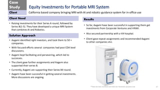 Case
Study
Client
Client Need
Solution Approach
Results
**Data has been sanitized and meant for Illustrative purposes only
Equity Investments for Portable MRI System
• Raising investments for their Series A round, followed by
Series B(1-5). They have developed a unique MRI System
that combines AI and Robotics.
17
California based company bringing MRI with AI and robotic-guidance system for in-office use
• Aagami identified right investors, and took them to 50 +
companies.
• With focused efforts several companies had post CDA level
discussions.
• Aagami kept facilitating and persevering, which led to
successes.
• The client gave further assignments and Aagami also
supported their series B.
• Currently, Aagami are supporting their Series B4 round.
• Aagami have been successful in getting several investments.
More discussions are ongoing.
• So far, Aagami have been successful in supporting them get
investments from Corporate Ventures and HNWI.
• Also secured partnership with a VA hospital.
• Client gave repeat assignments and recommended Aagami
to other companies also.
 