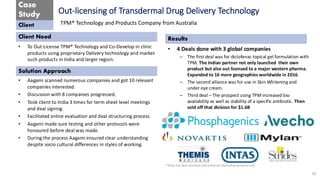 Case
Study
Client
Client Need
Solution Approach
Results
**Data has been sanitized and meant for Illustrative purposes only
Out-licensing of Transdermal Drug Delivery Technology
• To Out-License TPM® Technology and Co-Develop in clinic
products using proprietary Delivery technology and market
such products in India and larger region.
18
TPM® Technology and Products Company from Australia
• Aagami scanned numerous companies and got 10 relevant
companies interested.
• Discussion with 8 companies progressed.
• Took client to India 3 times for term sheet level meetings
and deal signing.
• Facilitated entire evaluation and deal structuring process
• Aagami made sure testing and other protocols were
honoured before deal was made.
• During the process Aagami ensured clear understanding
despite socio cultural differences in styles of working.
• 4 Deals done with 3 global companies
– The first deal was for diclofenac topical gel formulation with
TPM. The Indian partner not only launched their own
product but also out licensed to a major western pharma.
Expanded to 16 more geographies worldwide in 2016.
– The second alliance was for use in Skin Whitening and
under eye cream.
– Third deal – The prospect using TPM increased bio
availability as well as stability of a specific antibiotic. Then
sold off that division for $1.6B
 