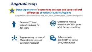 Deep Experience of overcoming business and socio-cultural
differences of various countries/regions
Extensive ‘C’ level
network nurtured for
22+ years
Global Deal making
experience of 250+ years
of all Partners combined
Supplementary services of
Market Intelligence and
Business/IP research
Enhancing your
bandwidth for saving
time, effort & cost
Aagami brings,
4
Our partners have lived and worked in US, India, Japan, Germany, Spain, Colombia among others
 