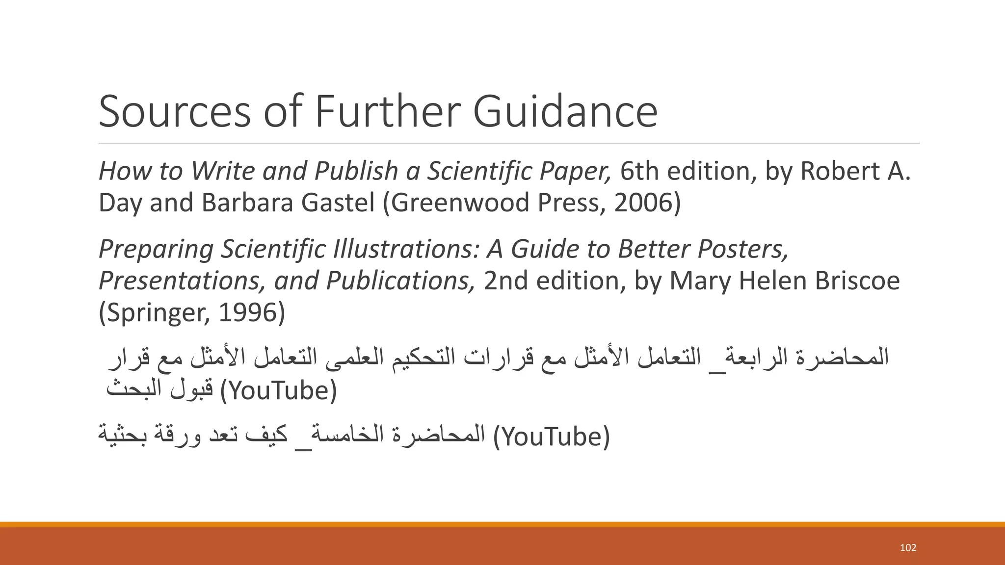 Sources of Further Guidance
How to Write and Publish a Scientific Paper, 6th edition, by Robert A.
Day and Barbara Gastel (Greenwood Press, 2006)
Preparing Scientific Illustrations: A Guide to Better Posters,
Presentations, and Publications, 2nd edition, by Mary Helen Briscoe
(Springer, 1996)
‫الرابعة‬ ‫المحاضرة‬_‫العلمى‬ ‫التحكيم‬ ‫قرارات‬ ‫مع‬ ‫األمثل‬ ‫التعامل‬‫التعامل‬‫قرار‬ ‫مع‬ ‫األمثل‬
‫قبول‬‫البحث‬ (YouTube)
‫الخامسة‬ ‫المحاضرة‬_‫ورقة‬ ‫تعد‬ ‫كيف‬‫بحثية‬ (YouTube)
102
 