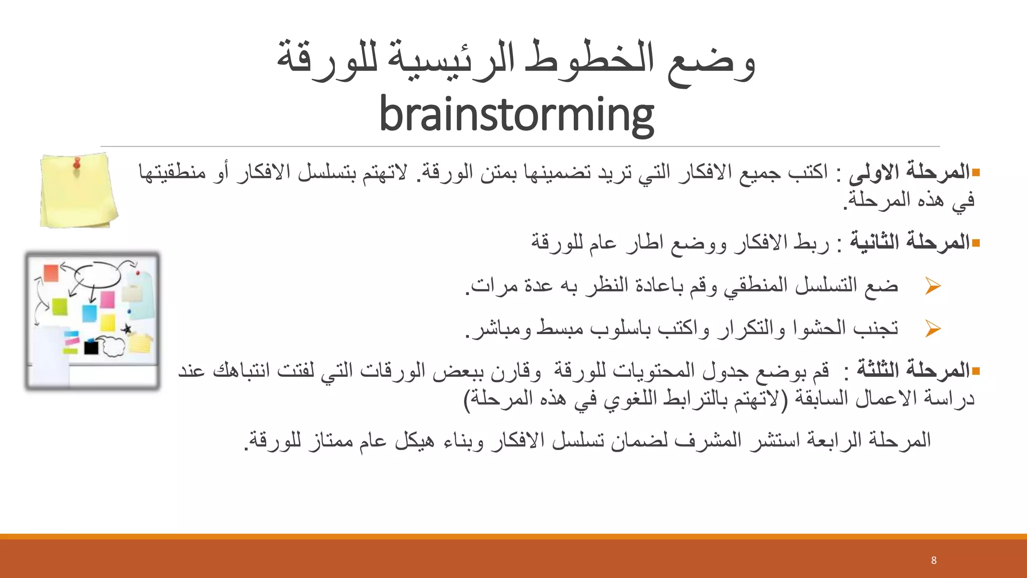 ‫للورقة‬ ‫الرئيسية‬ ‫الخطوط‬ ‫وضع‬
brainstorming
‫االولى‬ ‫المرحلة‬:‫الورقة‬ ‫بمتن‬ ‫تضمينها‬ ‫تريد‬ ‫التي‬ ‫االفكار‬ ‫جميع‬ ‫اكتب‬.‫ا‬ ‫بتسلسل‬ ‫التهتم‬‫منطقيتها‬ ‫أو‬ ‫الفكار‬
‫المرحلة‬ ‫هذه‬ ‫في‬.
‫الثانية‬ ‫المرحلة‬:‫للورقة‬ ‫عام‬ ‫اطار‬ ‫ووضع‬ ‫االفكار‬ ‫ربط‬
‫مرات‬ ‫عدة‬ ‫به‬ ‫النظر‬ ‫باعادة‬ ‫وقم‬ ‫المنطقي‬ ‫التسلسل‬ ‫ضع‬.
‫ومباشر‬ ‫مبسط‬ ‫باسلوب‬ ‫واكتب‬ ‫والتكرار‬ ‫الحشوا‬ ‫تجنب‬.
‫الثلثة‬ ‫المرحلة‬:‫ان‬ ‫لفتت‬ ‫التي‬ ‫الورقات‬ ‫ببعض‬ ‫وقارن‬ ‫للورقة‬ ‫المحتويات‬ ‫جدول‬ ‫بوضع‬ ‫قم‬‫عند‬ ‫تباهك‬
‫السابقة‬ ‫االعمال‬ ‫دراسة‬(‫المرحلة‬ ‫هذه‬ ‫في‬ ‫اللغوي‬ ‫بالترابط‬ ‫التهتم‬)
‫للورقة‬ ‫ممتاز‬ ‫عام‬ ‫هيكل‬ ‫وبناء‬ ‫االفكار‬ ‫تسلسل‬ ‫لضمان‬ ‫المشرف‬ ‫استشر‬ ‫الرابعة‬ ‫المرحلة‬.
8
 
