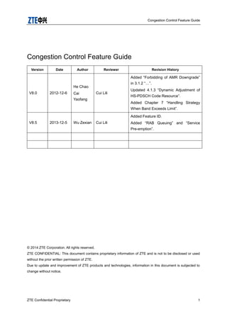 Congestion Control Feature Guide
ZTE Confidential Proprietary 1
Congestion Control Feature Guide
Version Date Author Reviewer Revision History
V8.0 2012-12-6
He Chao
Cai
Yaofang
Cui Lili
Added “Forbidding of AMR Downgrade”
in 3.1.2 “…”.
Updated 4.1.3 “Dynamic Adjustment of
HS-PDSCH Code Resource”.
Added Chapter 7 “Handling Strategy
When Band Exceeds Limit”.
V8.5 2013-12-5 Wu Zexian Cui Lili
Added Feature ID.
Added “RAB Queuing” and “Service
Pre-emption”.
© 2014 ZTE Corporation. All rights reserved.
ZTE CONFIDENTIAL: This document contains proprietary information of ZTE and is not to be disclosed or used
without the prior written permission of ZTE.
Due to update and improvement of ZTE products and technologies, information in this document is subjected to
change without notice.
 