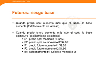 UNIVERSIDAD DE LIMA
Futuros: riesgo base
 Cuando precio spot aumenta más que el futuro, la base
aumenta (fortalecimiento de la base)
 Cuando precio futuro aumenta más que el spot, la base
disminuye (debilitamiento de la base)
 S1: precio spot momento t1 $2.50
 S2: precio spot en momento t2 $2.00
 F1: precio futuro momento t1 $2.20
 F2: precio futuro momento t2 $1.90
 b1: base momento t1; b2: base momento t2
 
