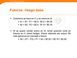 UNIVERSIDAD DE LIMA
Futuros: riesgo base
 Cobertura se hace en t1 y se cierra en t2
 b1 = S1 - F1 = $2.5 - $2.2 = $0.30
 b2 = S2 - F2 = $2.0 - $1.9 = $0.10
 Si se quiere vender activo en t2, tomar posición corta en
futuros en t1 (short hedge). Precio obtenido por activo: S2
más ganancia en mercado a futuro:
 S2 + (F1 - F2) = F1 + b2 = $2.20 + $0.10 = $2.30
 