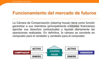 UNIVERSIDAD DE LIMA
La Cámara de Compensación (clearing house) tiene como función
garantizar a sus miembros (principalmente entidades financieras)
ejercitar sus derechos contractuales y liquidar diariamente las
operaciones realizadas. En definitiva, la cámara se convierte en
comprador para el vendedor y vendedor para el comprador:
Funcionamiento del mercado de futuros
 