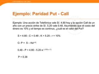 UNIVERSIDAD DE LIMA
Ejemplo: Una acción de Telefónica vale S/. 4.80 hoy y la opción Call de un
año con un precio strike de S/. 5.20 vale 0.48. Asumiendo que el costo del
dinero es 10% y el tiempo es continuo, ¿cuál es el valor del Put?
S = 4.80 ; C = 0.48 ; K = 5.20 ; r = 10%
C- P = S – Ke(-rt)
0.48 - P = 4.80 - 5.20 e (-10% x 1)
P = 0.38
Ejemplo: Paridad Put - Call
 