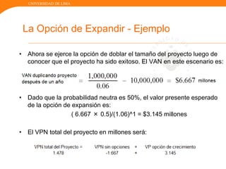 UNIVERSIDAD DE LIMA
La Opción de Expandir - Ejemplo
• Ahora se ejerce la opción de doblar el tamaño del proyecto luego de
conocer que el proyecto ha sido exitoso. El VAN en este escenario es:
• Dado que la probabilidad neutra es 50%, el valor presente esperado
de la opción de expansión es:
( 6.667 × 0.5)/(1.06)^1 = $3.145 millones
• El VPN total del proyecto en millones será:
 