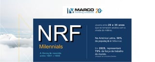 NRFNRF
A Geraç ão nascida
entre 1981 e 1995
Jovens entre 20 e 35 anos
que se tornaram adultos com a
virada do milênio.
Milennials
Na América Latina, 30%
da populaç ão é Millennial.
Em 2025, representará
75% da forç a de trabalho
do mundo.
-projeção da consultora Deloitte-
 