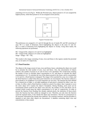 International Journal of Advanced Information Technology (IJAIT) Vol. 2, No.5, October 2012
50
consisting of A1 & A2 (Fig.2). Within the Proximal area, objects present in A1 are assigned the
highest priority, while those present in A2 are assigned a lower priority.
Figure4. Proximal Area
The preferences are assigned to A1 and A2 through the use of masks M1 and M2 consisting of
ones. M1 is a mask of dimension 24x16 highlighting the objects in the areas A1 and A2.
M2 is a mask of dimension 8x16 highlighting the objects in A1only. Using these masks, the
following operations are performed:
M1 = Image & M1; (objects in A1 and A2 are highlighted)
M2 = Image & M2; (objects in A1 alone are highlighted)
Image = Image + M1 + M2,
This results in the image consisting of ones, twos and threes in the regions outside the proximal
area, in A2 and in A1 respectively.
3.7. Flood Function
The objects in the image consist of ones, twos and threes; hence, calculating the object size would
be to calculate the total number of ones, twos and threes. Also, the concentration of objects
(which is the number of pixels) in A1 and A2 have to be calculated. This would mean counting
the number of twos to calculate object concentration in A2, and threes to calculate the object
concentration in A1. To calculate the size of the objects present in the frame, and its concentration
in A1 and A2, a flood function is designed. The image is first searched for a one, two or three, and
the flood function is called when these pixel intensities are encountered. The function called at a
pixel spreads to its neighbours if its pixel intensities are not zeros. The function has been defined
for a connectivity of eight, i.e, all eight neighbours of each pixel is checked for either a one, two
or three. In effect, when a flood function is called at a pixel of an object, then it spreads to cover
the entire object till it reaches the object’s boundaries. During flooding, pixel count can be
incremented (which would be the object size) and also, the number of twos and threes can be
counted (which would mean the object concentration in A2 and A1 respectively). In order to
prevent the function from flooding into already explored pixels, the intensities of those pixels
where the function has been called are changed to zero. Therefore, not only does the function
count the required values, it also shrinks the object into inexistence. This has no consequences as
all necessary information has already been gathered. The scanning continues, and the procedure is
repeated as and when other objects are encountered. A database containing object sizes and
concentrations is thus created.
32x32
16x16
A2
8x16
A1
A1
 